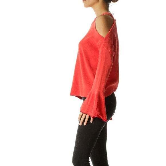 KNITTED & KNOTTED Coral Orange 100% Cotton Cold Shoulder Knit Sweater - Picture 2 of 3